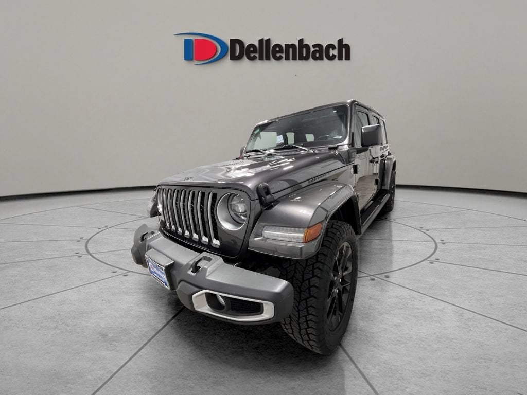 2021 Jeep Wrangler 4xe Unlimited Sahara in Granite Crystal M — front three-quarter view
